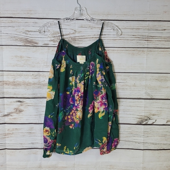 Anthropologie Maeve Tallie Green Floral Silk Open Shoulder Top Size Small - Picture 5 of 9